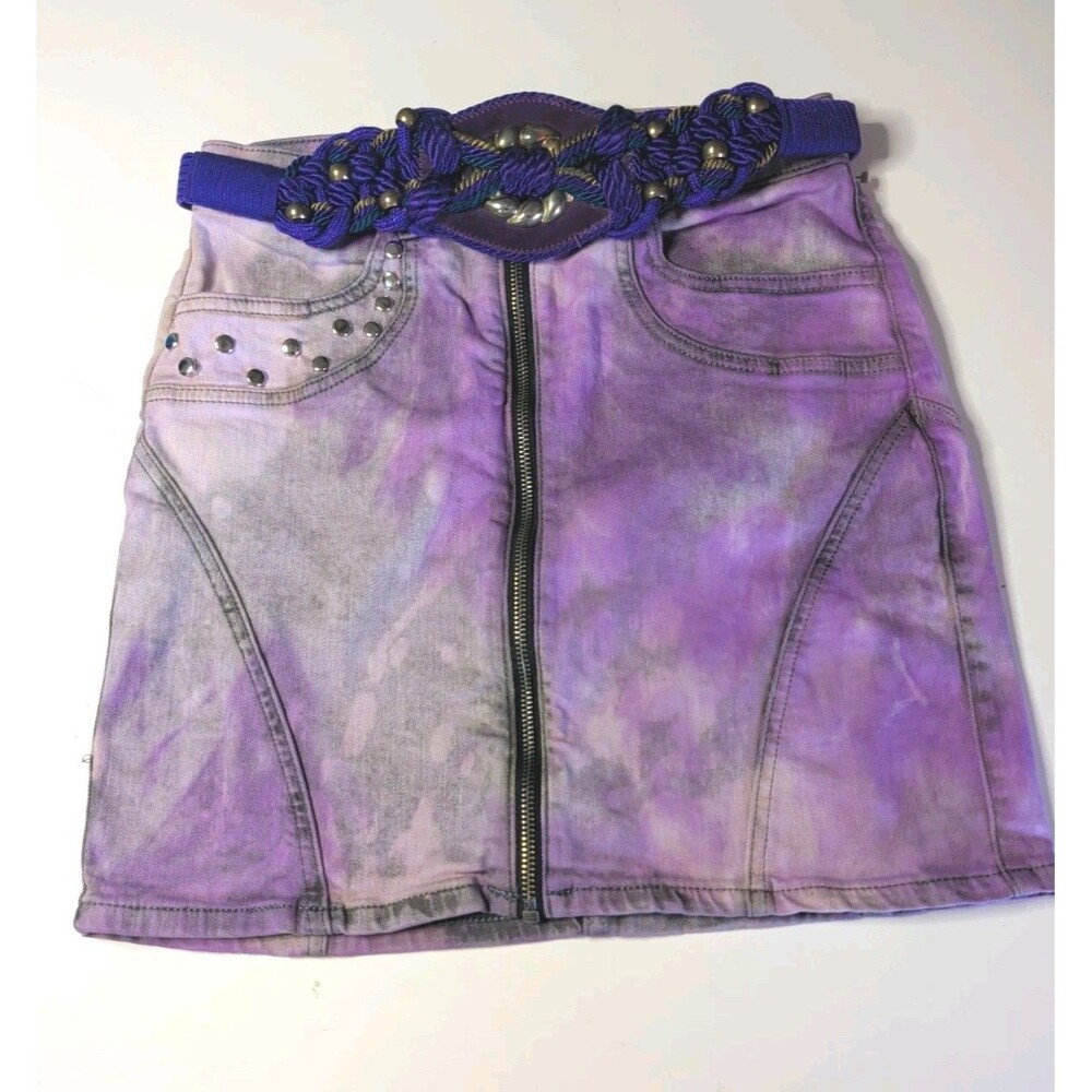 Express Extreme High Rise Studded Zip Denim Mini Skirt w Braided Belt Punk Y2K